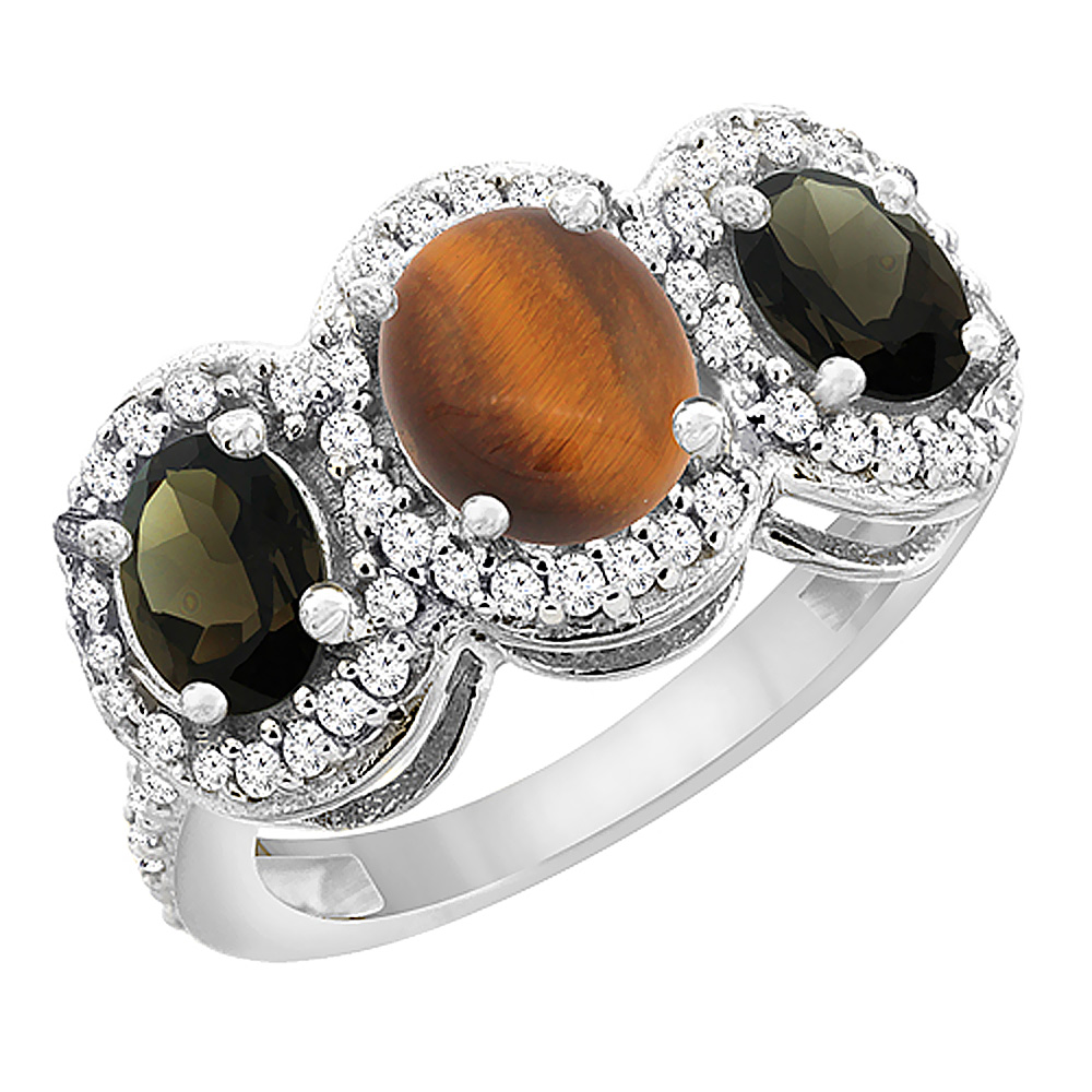 14K White Gold Natural Tiger Eye &amp; Smoky Topaz 3-Stone Ring Oval Diamond Accent, sizes 5 - 10
