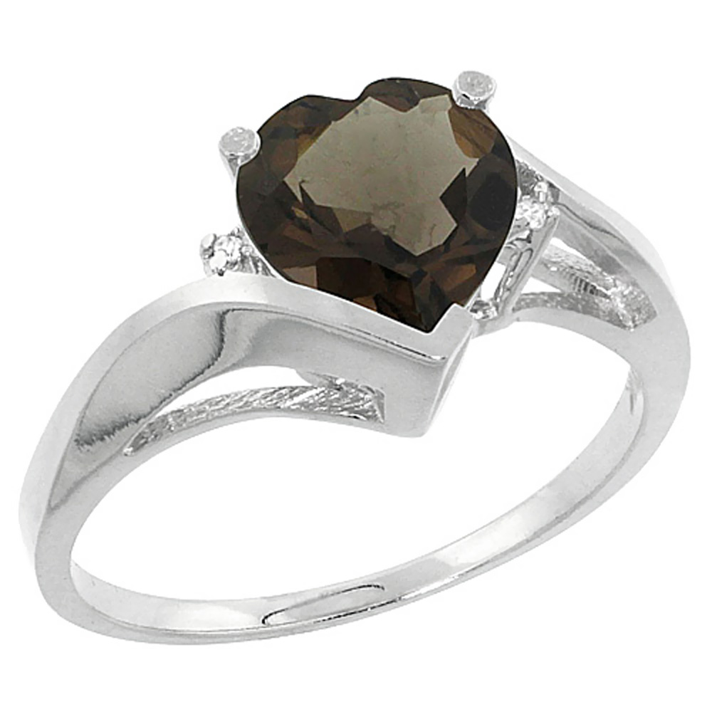 14K Yellow Gold Natural Smoky Topaz Heart Ring 7mm Diamond Accent, sizes 5 - 10