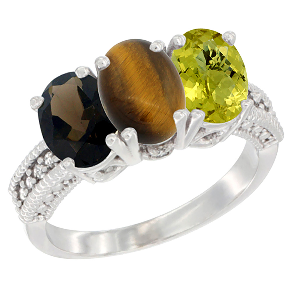 14K White Gold Natural Smoky Topaz, Tiger Eye &amp; Lemon Quartz Ring 3-Stone 7x5 mm Oval Diamond Accent, sizes 5 - 10