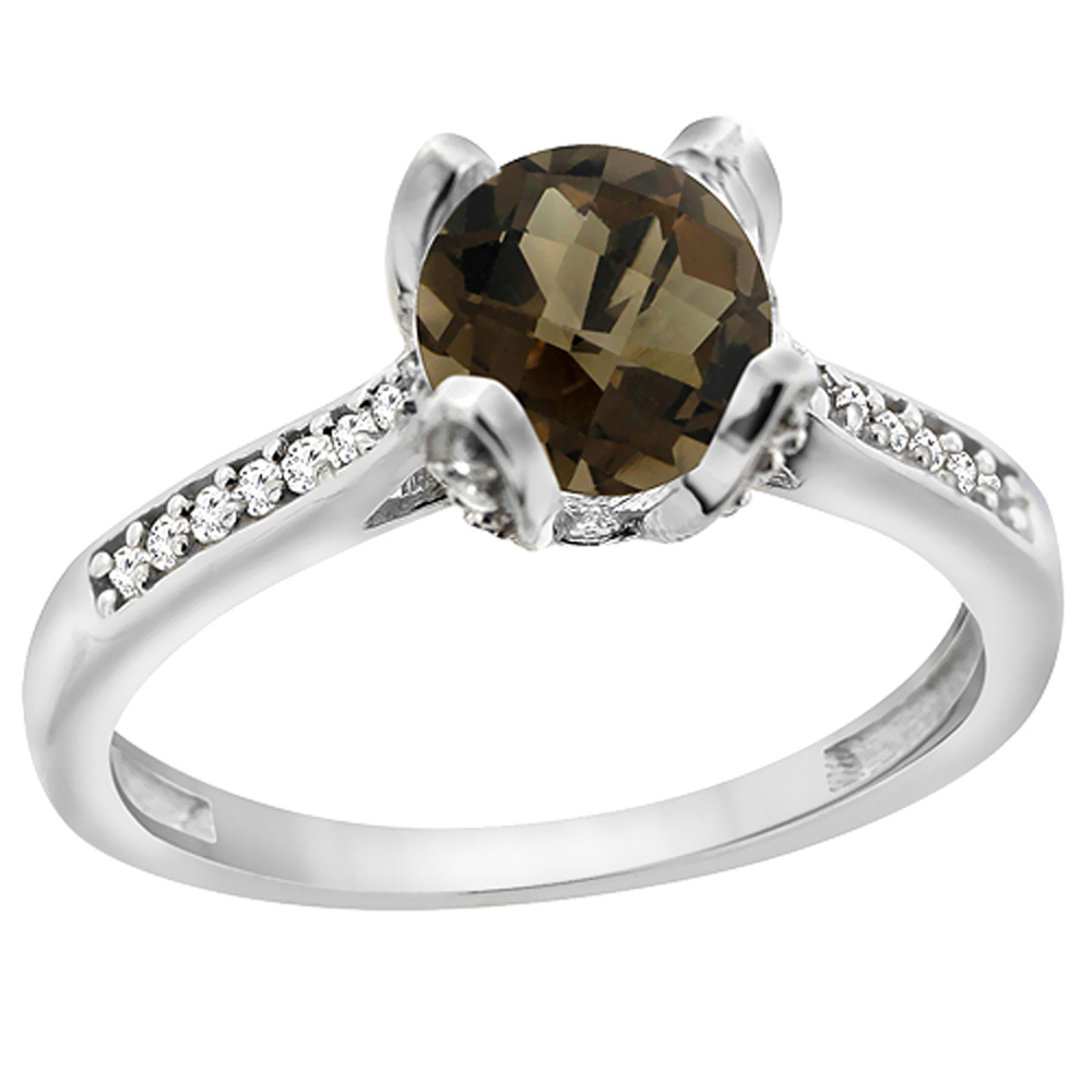 14K Yellow Gold Diamond Natural Smoky Topaz Engagement Ring Round 7mm, sizes 5 to 10 with half sizes
