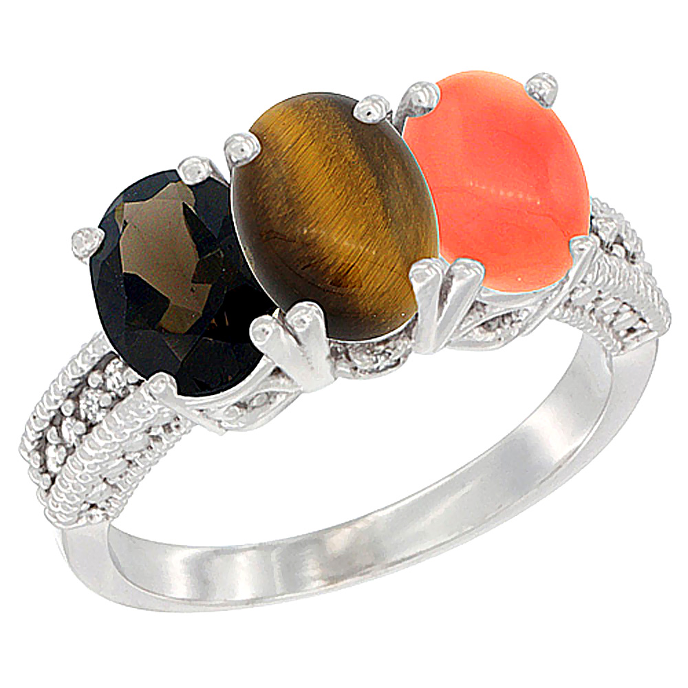 14K White Gold Natural Smoky Topaz, Tiger Eye &amp; Coral Ring 3-Stone 7x5 mm Oval Diamond Accent, sizes 5 - 10