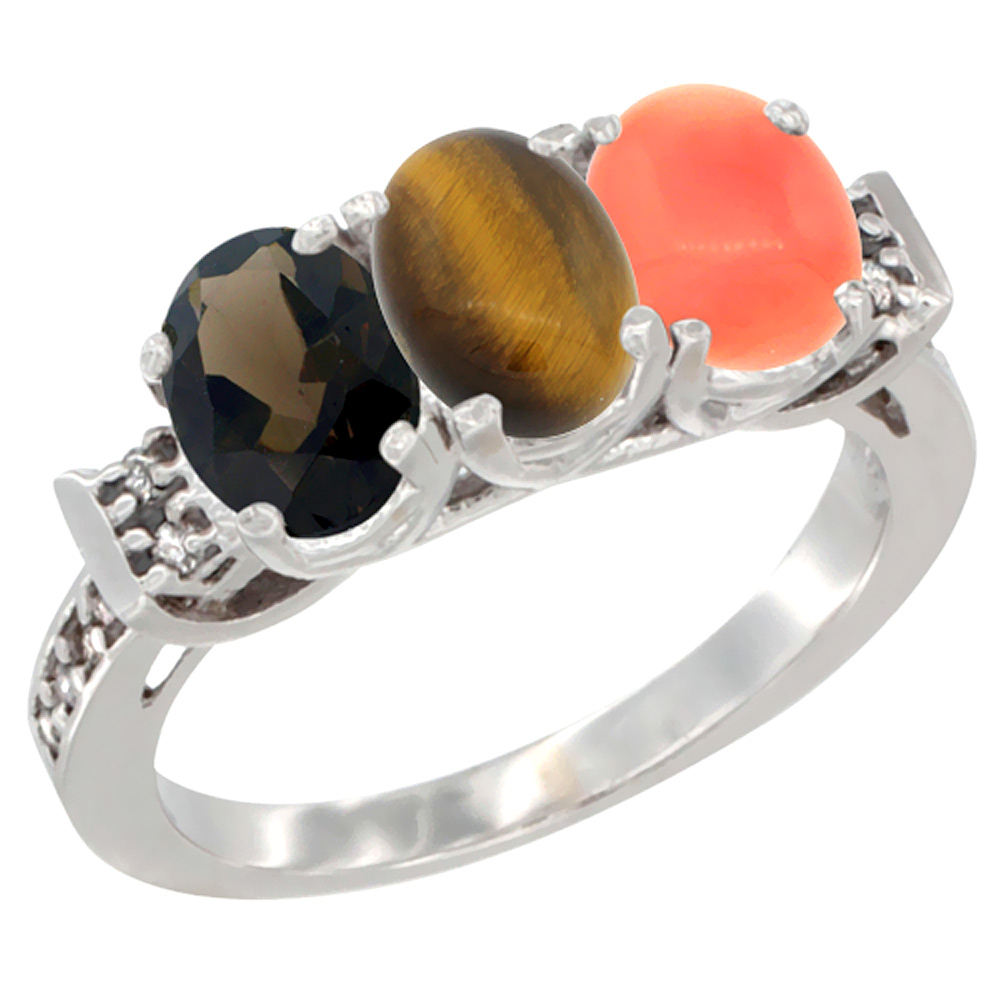 14K White Gold Natural Smoky Topaz, Tiger Eye &amp; Coral Ring 3-Stone Oval 7x5 mm Diamond Accent, sizes 5 - 10