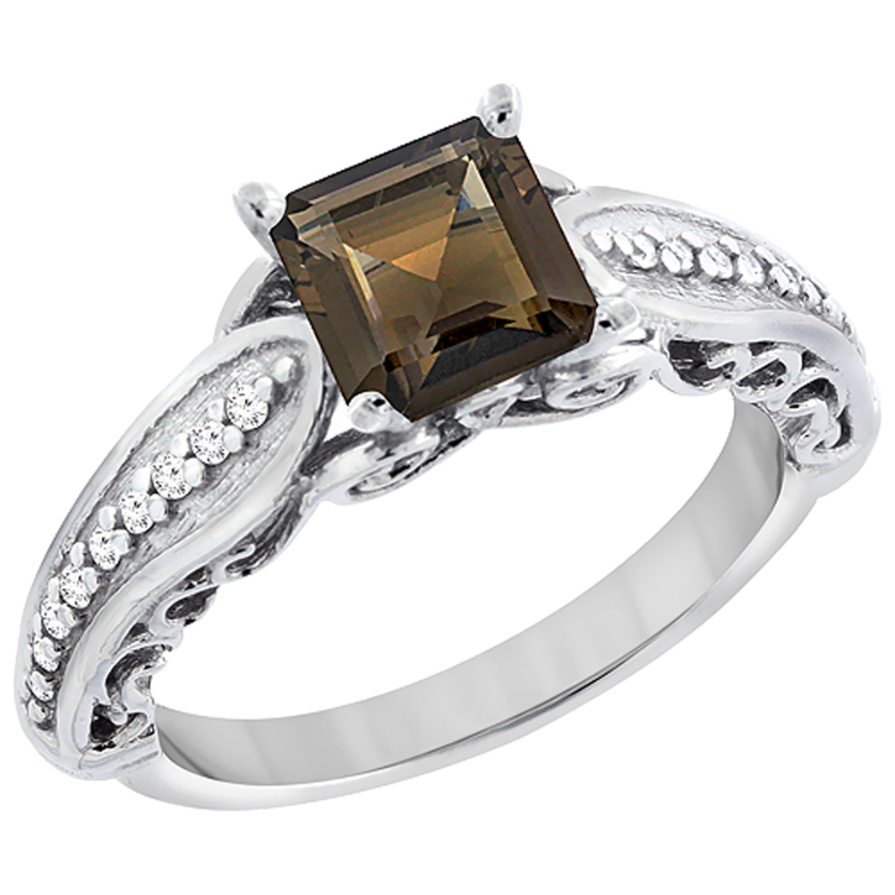 10K White Gold Natural Smoky Topaz Ring Square 8x8mm with Diamond Accents, sizes 5 - 10