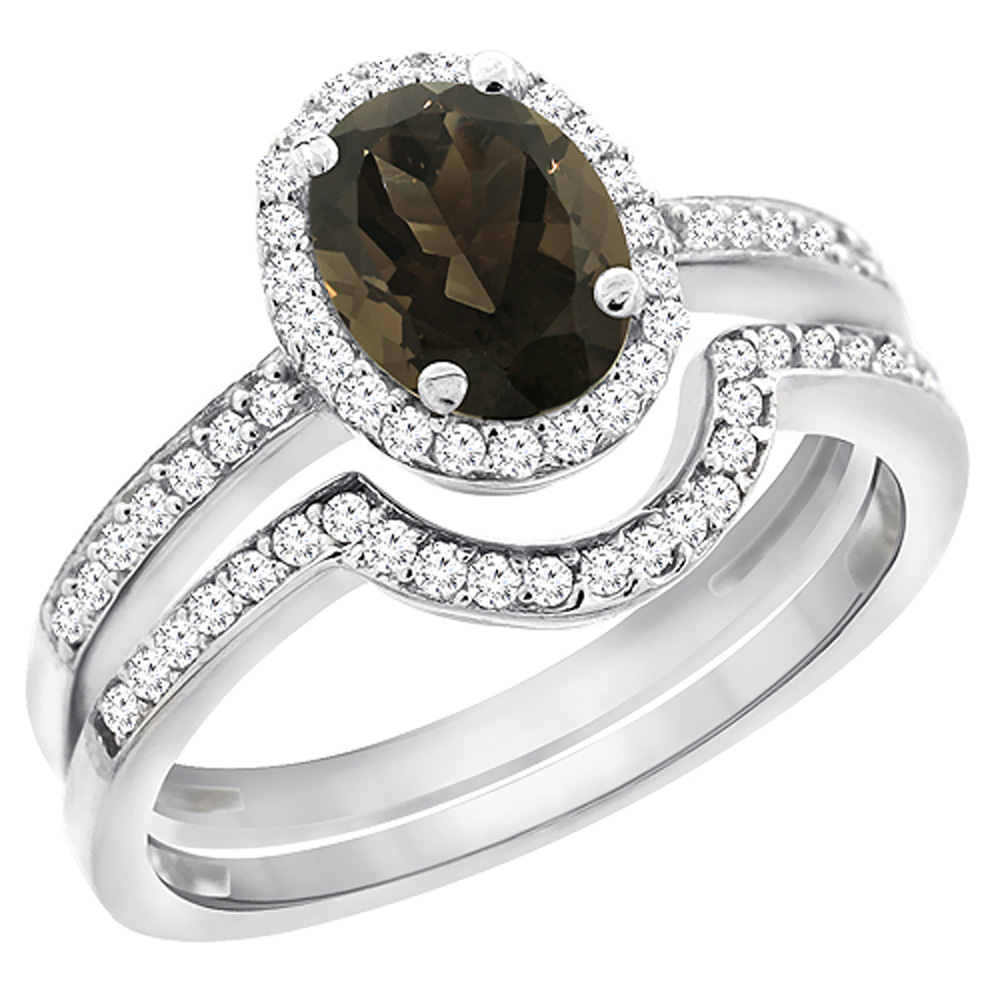 14K White Gold Diamond Natural Smoky Topaz 2-Pc. Engagement Ring Set Oval 8x6 mm, sizes 5 - 10