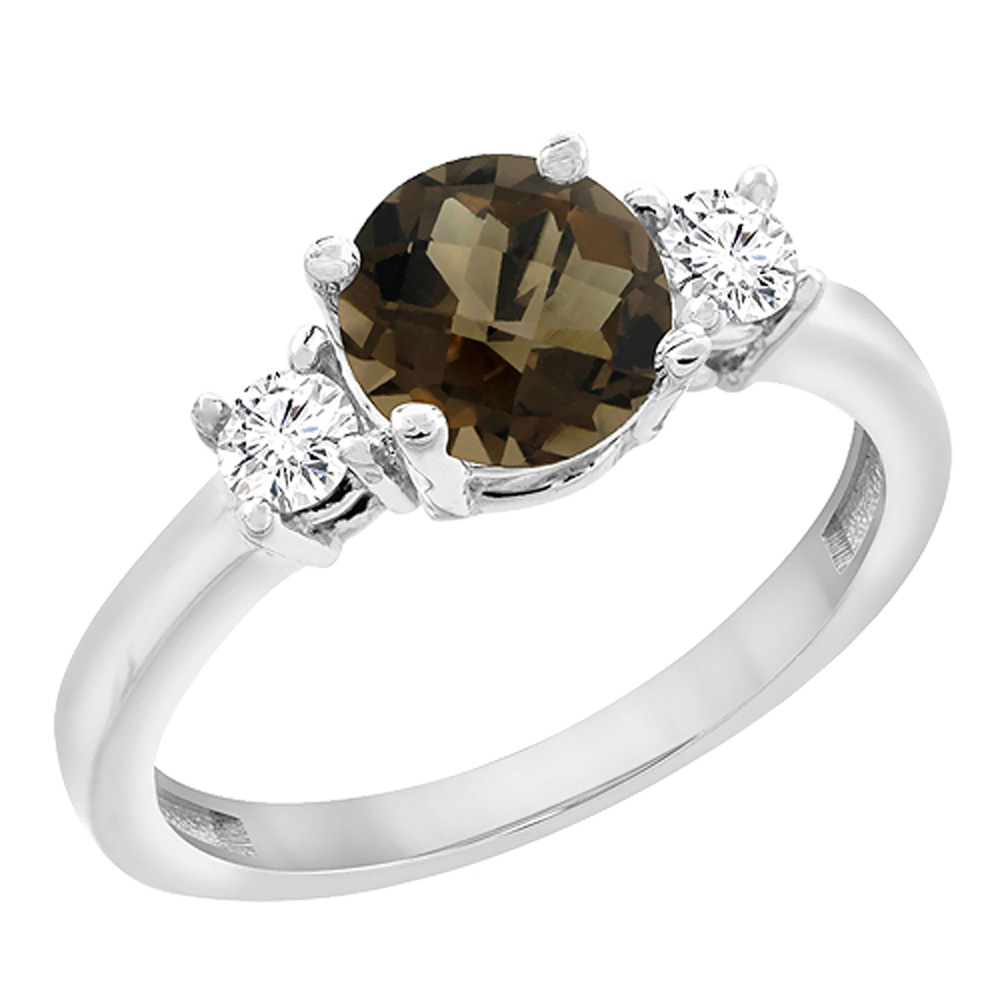 10K Yellow Gold Diamond Natural Smoky Topaz Engagement Ring Round 7mm, sizes 5 to 10 with half sizes