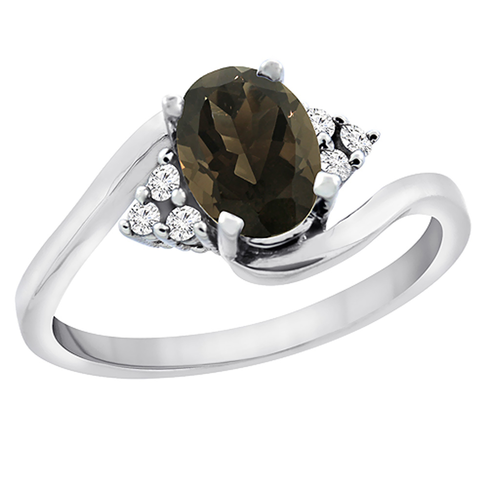 14K White Gold Diamond Natural Smoky Topaz Engagement Ring Oval 7x5mm, sizes 5 - 10