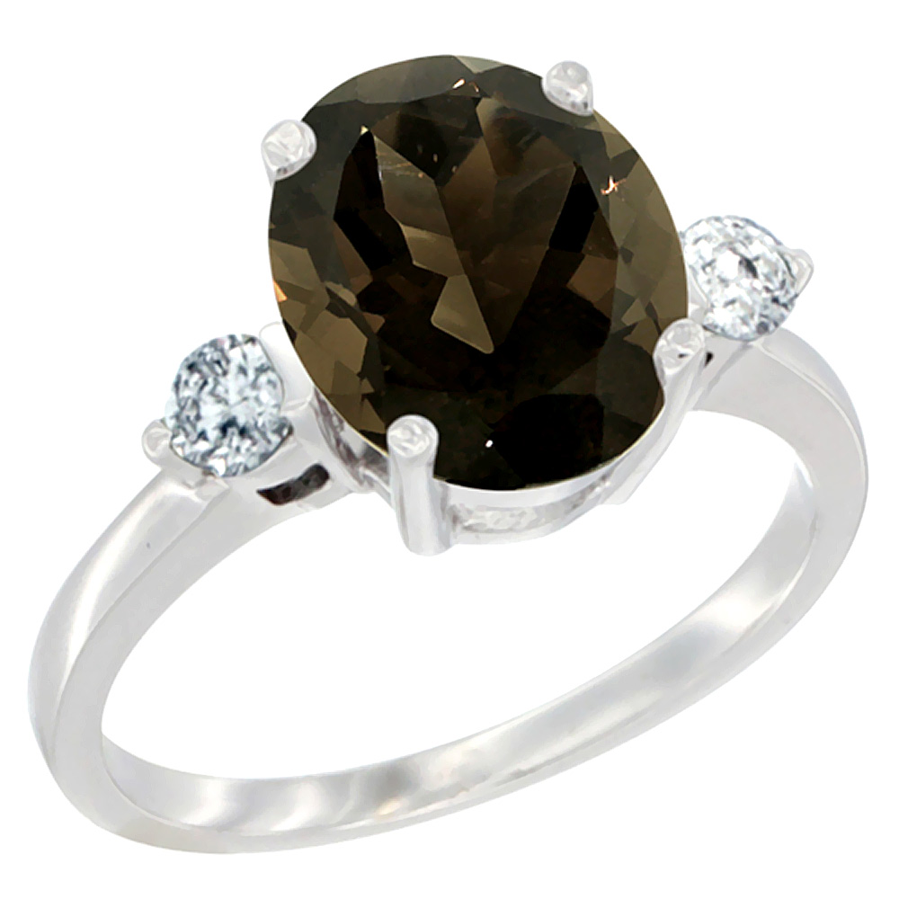 14K White Gold 10x8mm Oval Natural Smoky Topaz Ring for Women Diamond Side-stones sizes 5 - 10