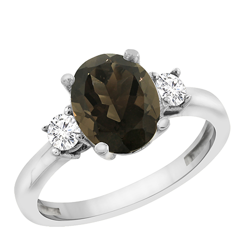 14K White Gold Natural Smoky Topaz Engagement Ring Oval 10x8 mm Diamond Sides, sizes 5 - 10