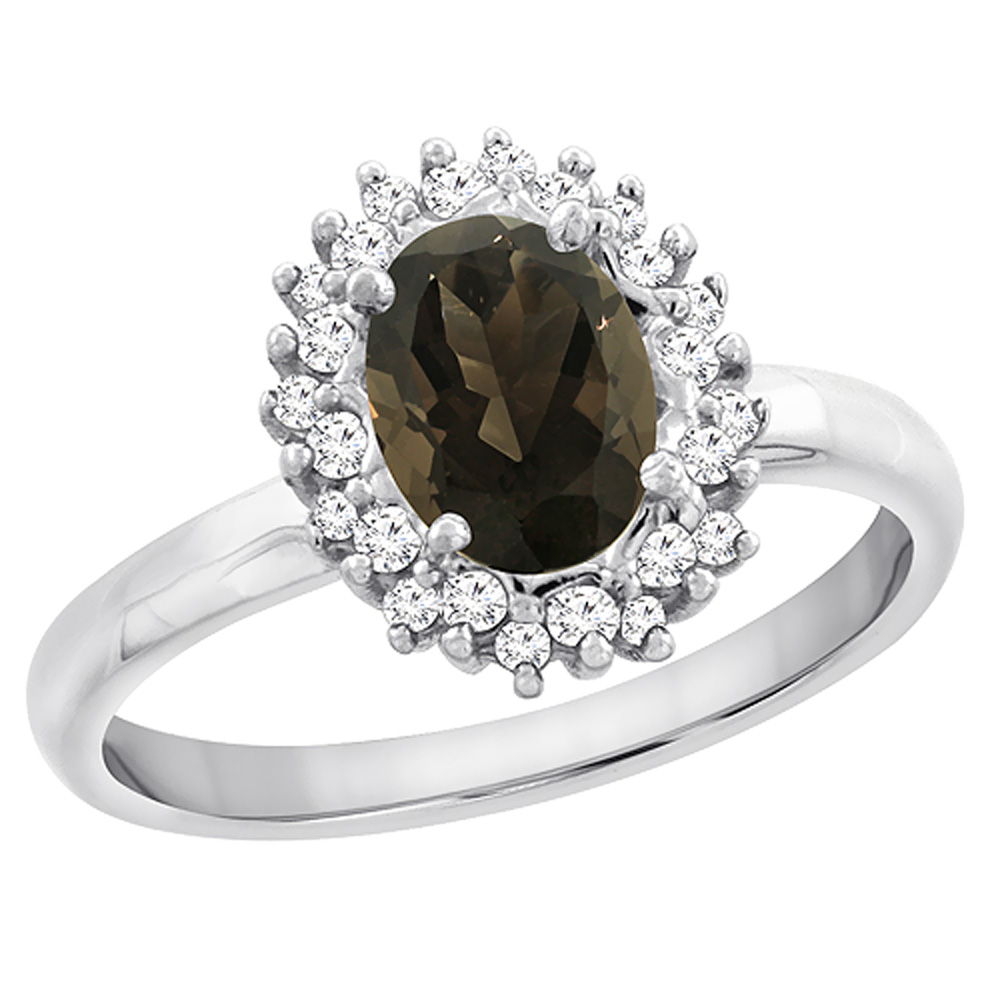 10K White Gold Diamond Natural Smoky Topaz Engagement Ring Oval 7x5mm, sizes 5 - 10