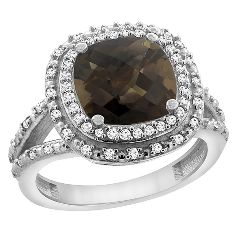 10K White Gold Natural Smoky Topaz Ring Cushion 8x8 mm with Diamond Accents, sizes 5 - 10