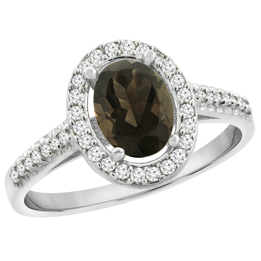 14K White Gold Natural Smoky Topaz Engagement Ring Oval 7x5 mm Diamond Halo, sizes 5 - 10