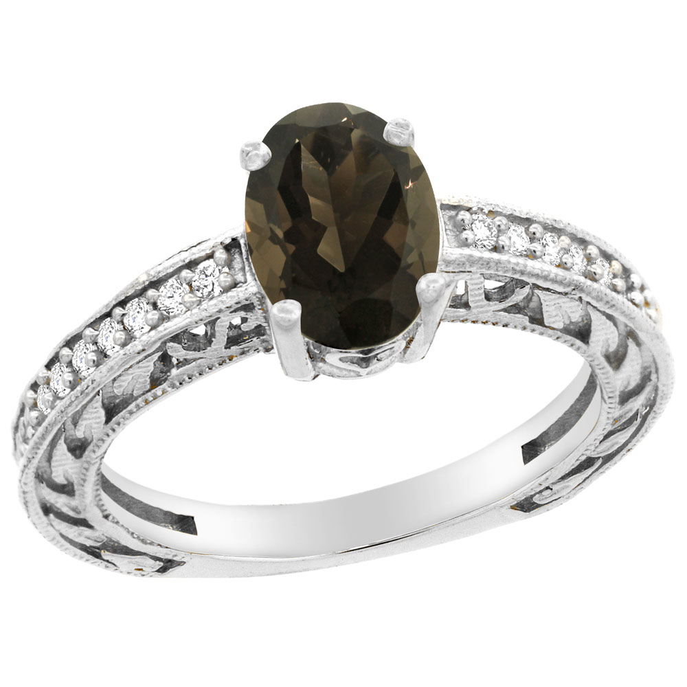 10K Gold Natural Smoky Topaz Ring Oval 8x6 mm Diamond Accents, sizes 5 - 10