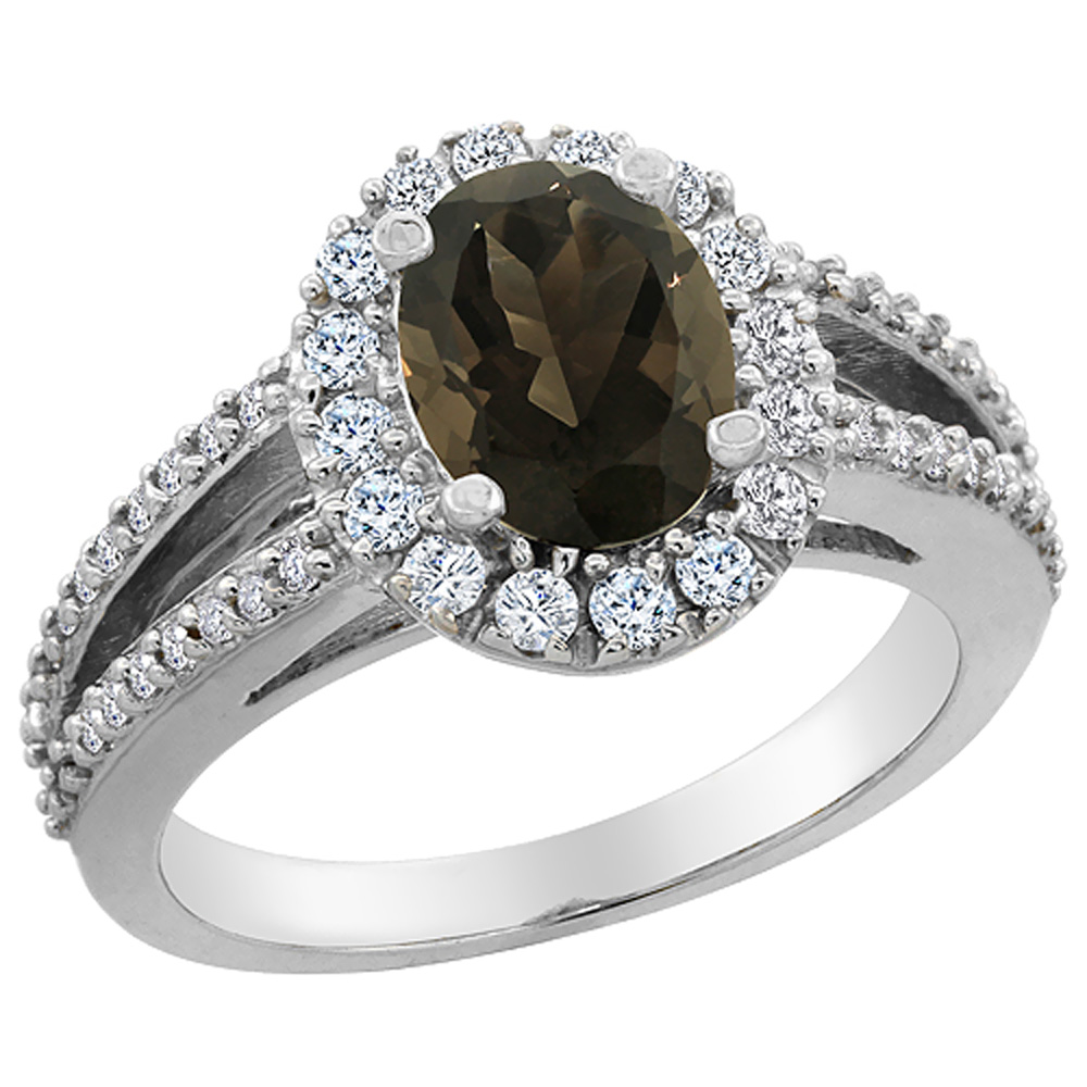 10K White Gold Natural Smoky Topaz Halo Ring Oval 8x6 mm with Diamond Accents, sizes 5 - 10