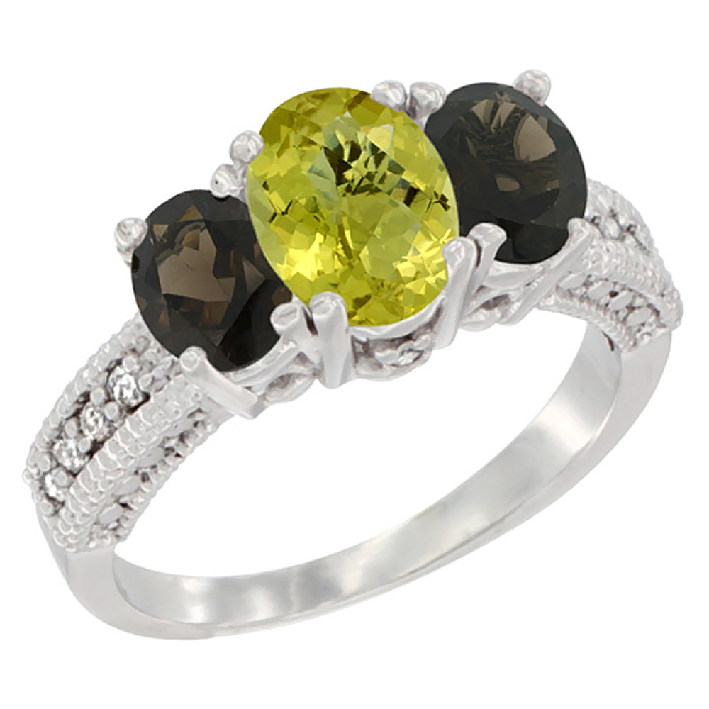 14K White Gold Diamond Natural Lemon Quartz Ring Oval 3-stone with Smoky Topaz, sizes 5 - 10