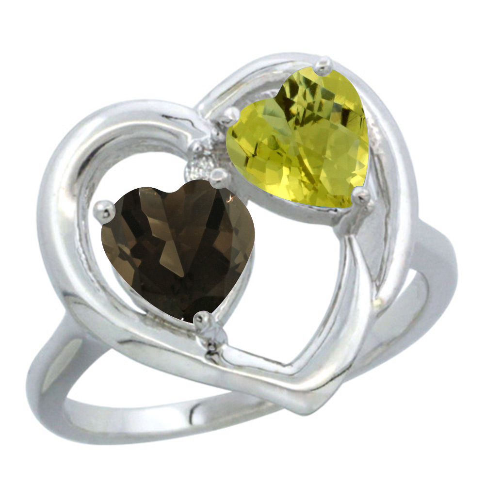 14K White Gold Diamond Two-stone Heart Ring 6mm Natural Smoky Topaz &amp; Lemon Quartz, sizes 5-10