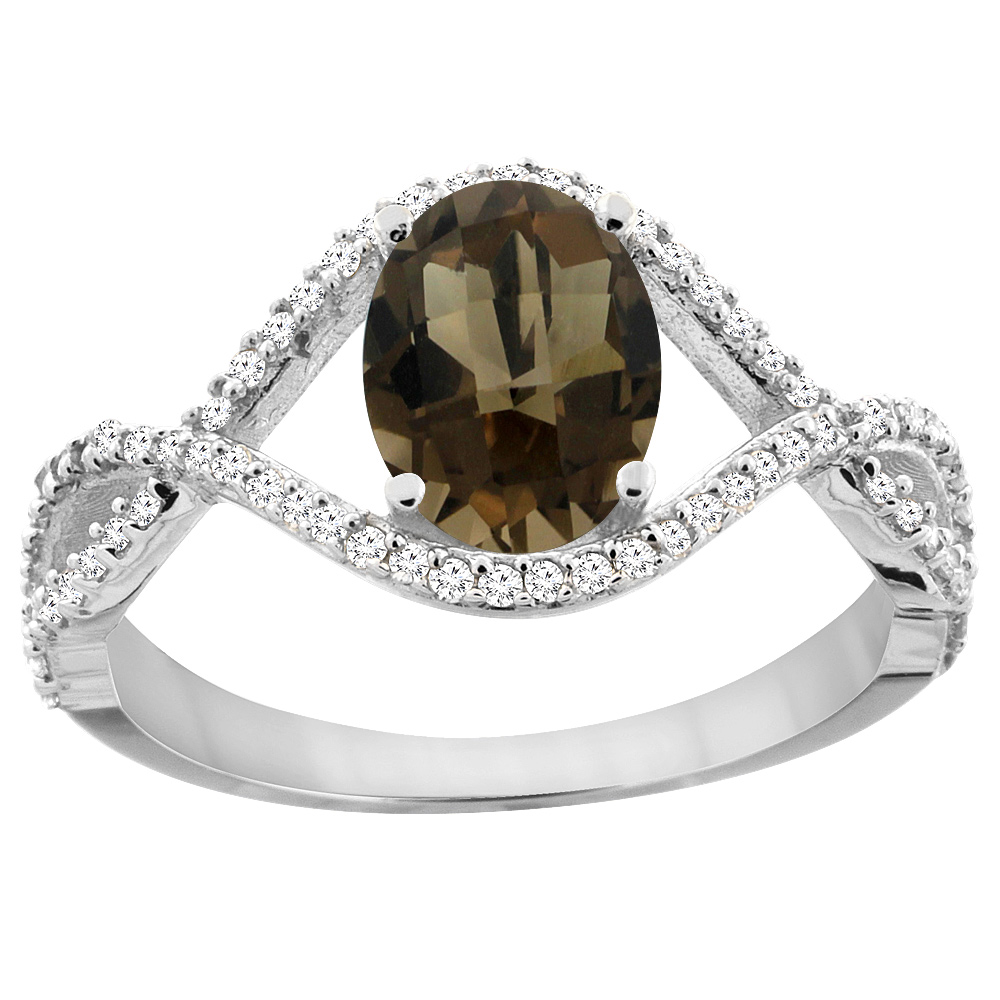 10K White Gold Natural Smoky Topaz Ring Oval 8x6 mm Infinity Diamond Accents, sizes 5 - 10