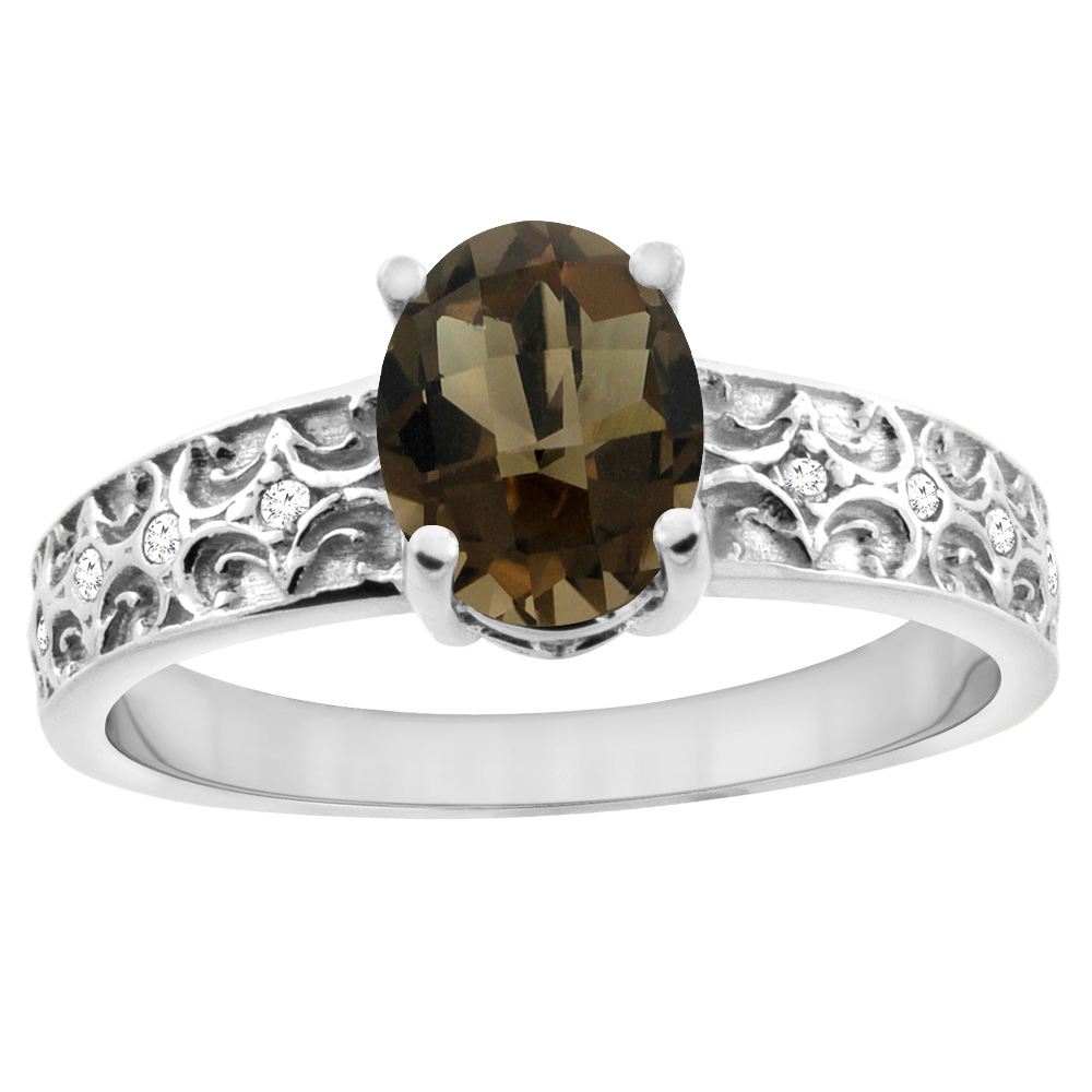 14K White Gold Natural Smoky Topaz Ring Oval 8x6 mm Diamond Accents, sizes 5 - 10