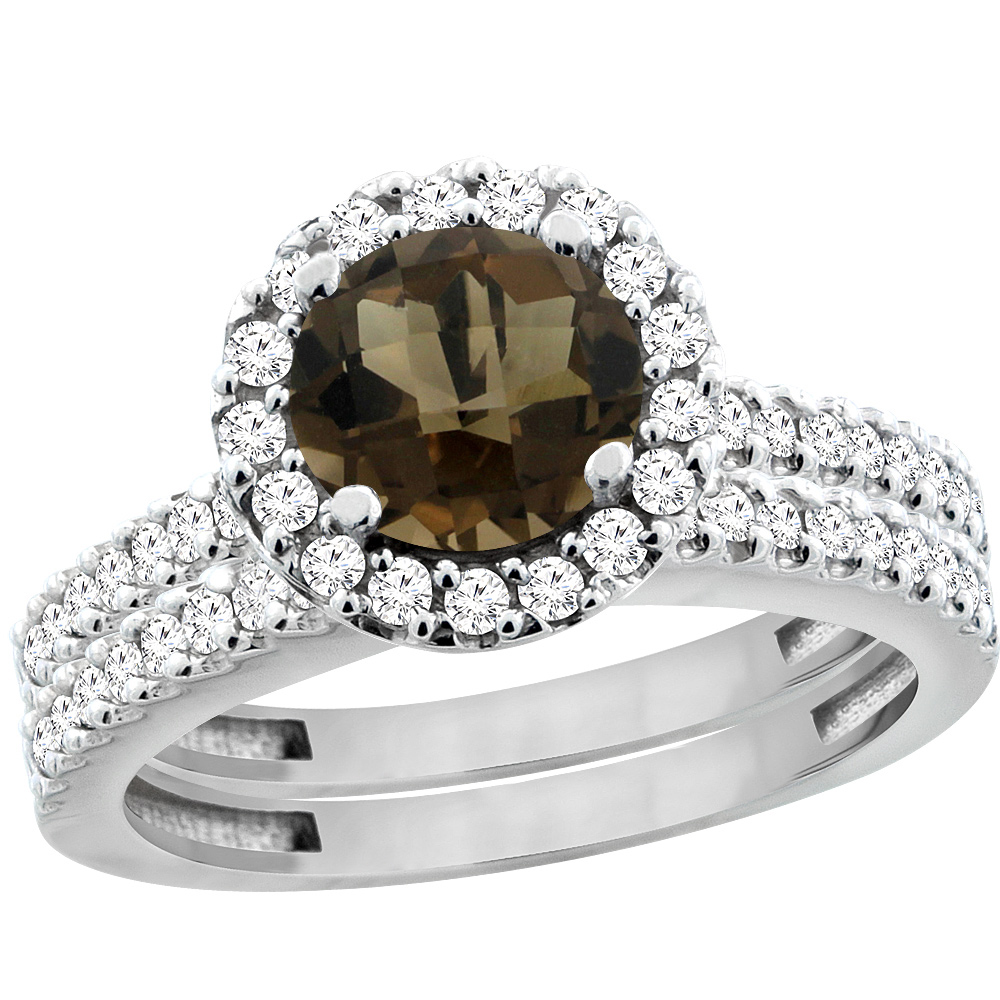 14K White Gold Natural Smoky Topaz Round 6mm 2-Piece Engagement Ring Set Floating Halo Diamond, sizes 5 - 10