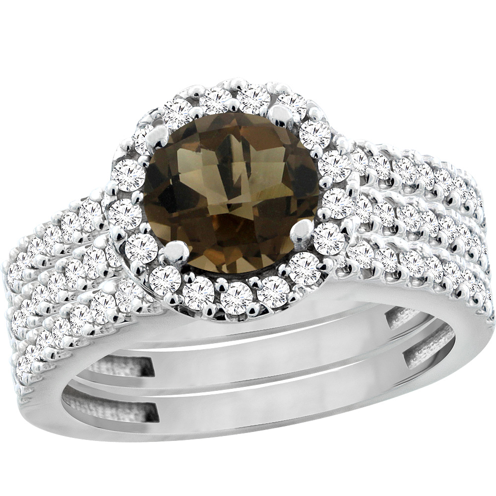 10K White Gold Natural Smoky Topaz 3-Piece Bridal Ring Set Round 6mm Halo Diamond, sizes 5 - 10