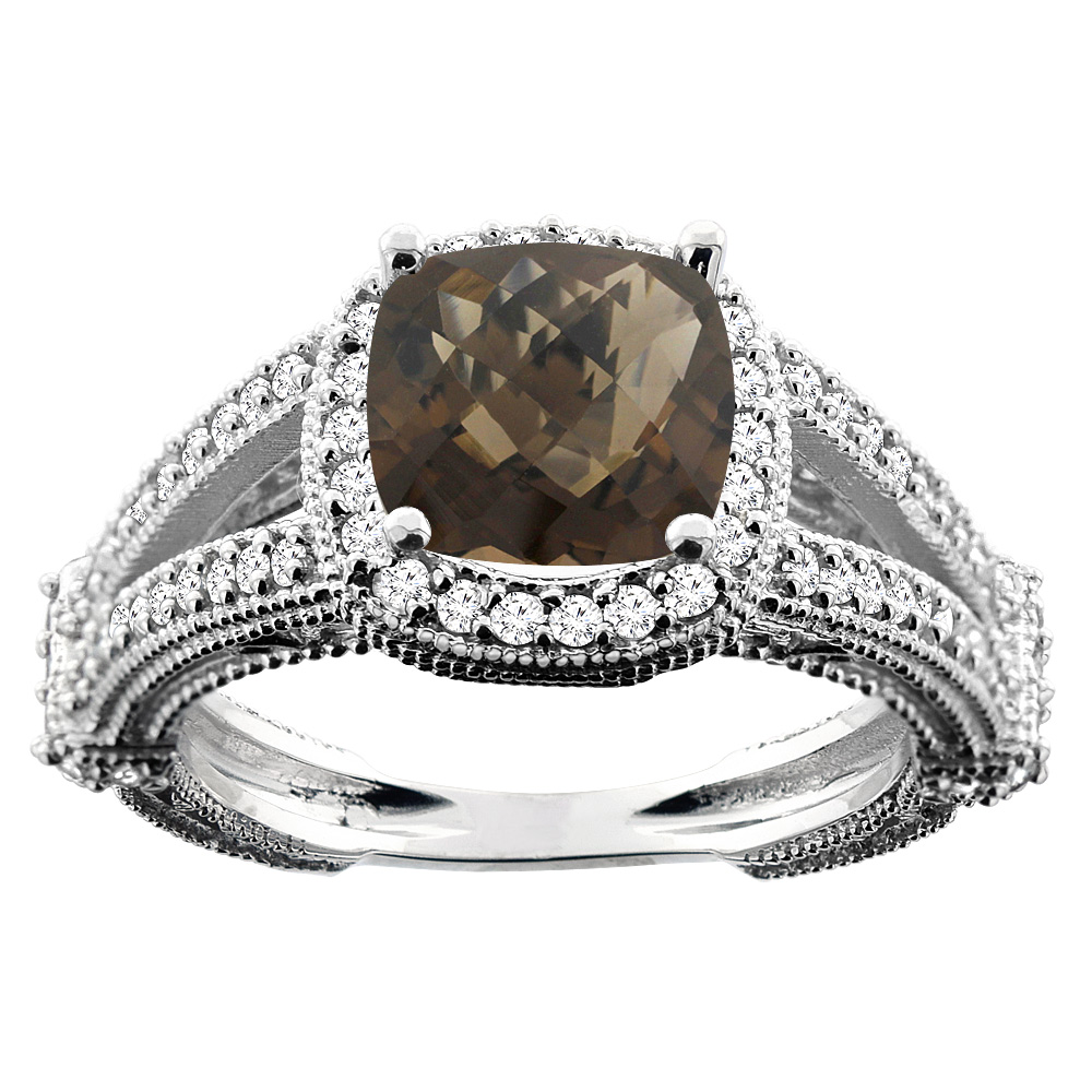 10K White/Yellow/Rose Gold Natural Smoky Topaz Cushion 8x8mm Diamond Accent 3/8 inch wide, sizes 5 - 10