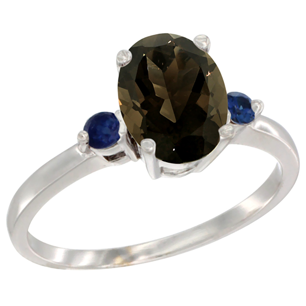 10K White Gold Natural Smoky Topaz Ring Oval 9x7 mm Blue Sapphire Accent, sizes 5 to 10