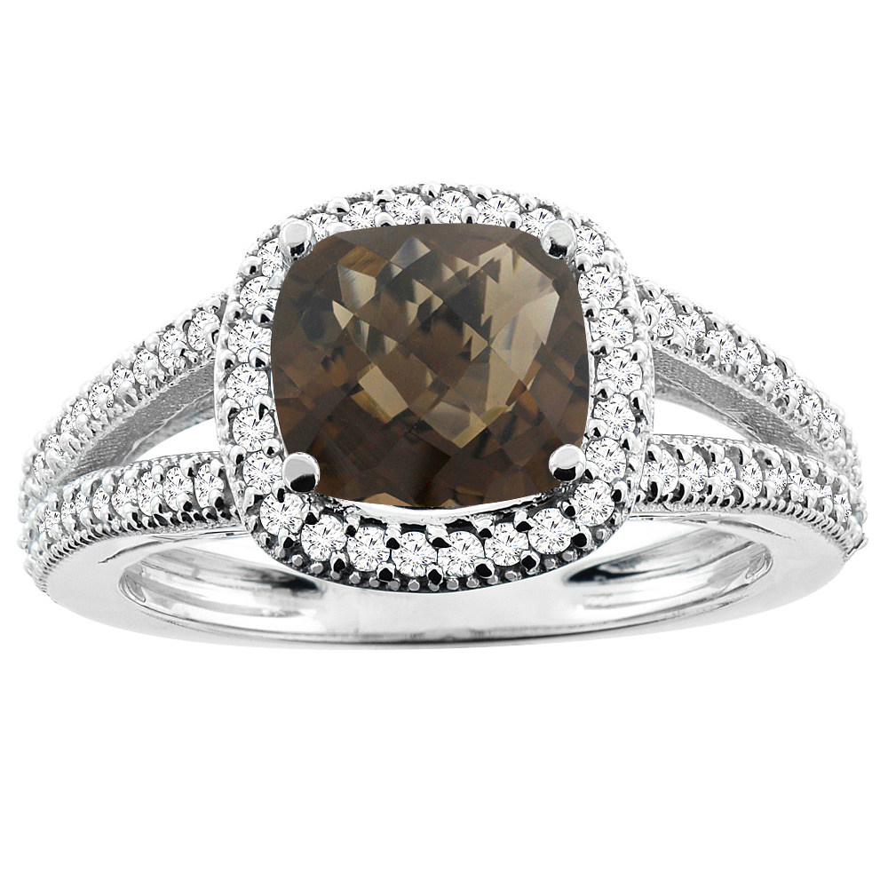 10K White Gold Natural Smoky Topaz Ring Cushion 7x7mm Diamond Accent 3/8 inch wide, sizes 5 - 10
