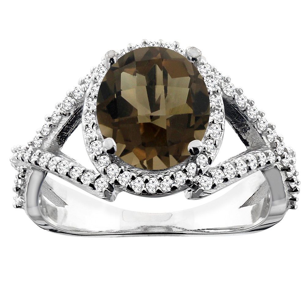 14K White/Yellow/Rose Gold Natural Smoky Topaz Ring Oval 9x7mm Diamond Accent, sizes 5 - 10