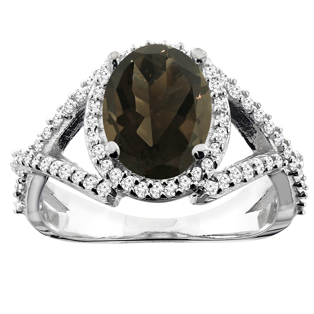 10K White/Yellow/Rose Gold Natural Smoky Topaz Ring Oval 10x8mm Diamond Accent, sizes 5 - 10
