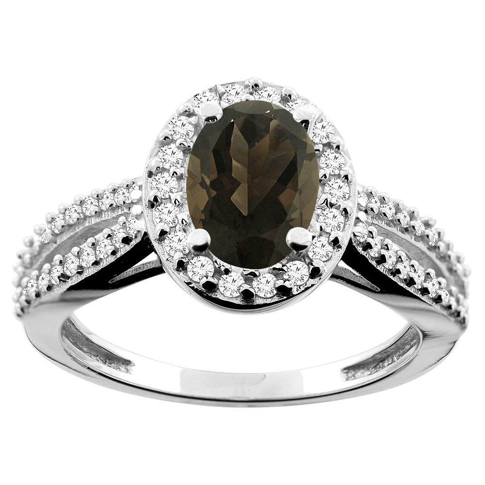10K White/Yellow/Rose Gold Natural Smoky Topaz Ring Oval 8x6mm Diamond Accent, sizes 5 - 10