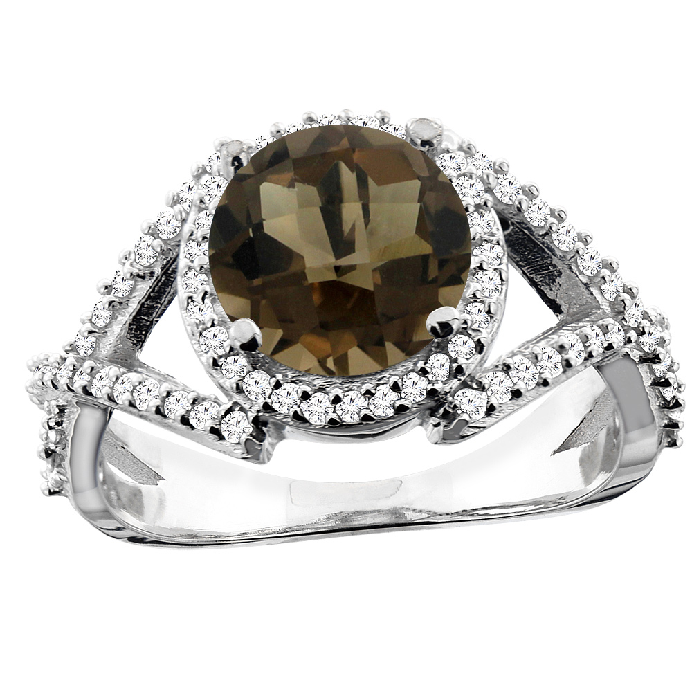 14K White/Yellow/Rose Gold Natural Smoky Topaz Ring Round 8mm Diamond Accent, size 5