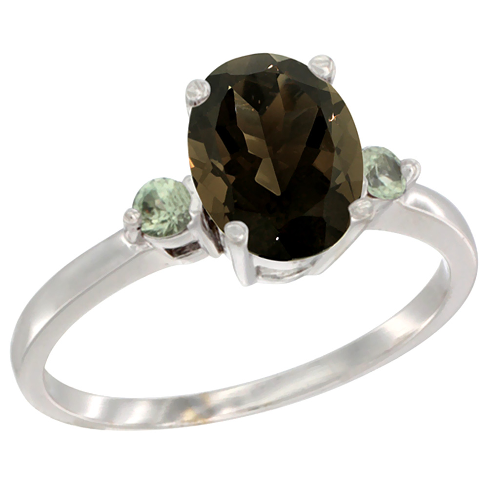 14K White Gold Natural Smoky Topaz Ring Oval 9x7 mm Green Sapphire Accent, sizes 5 to 10