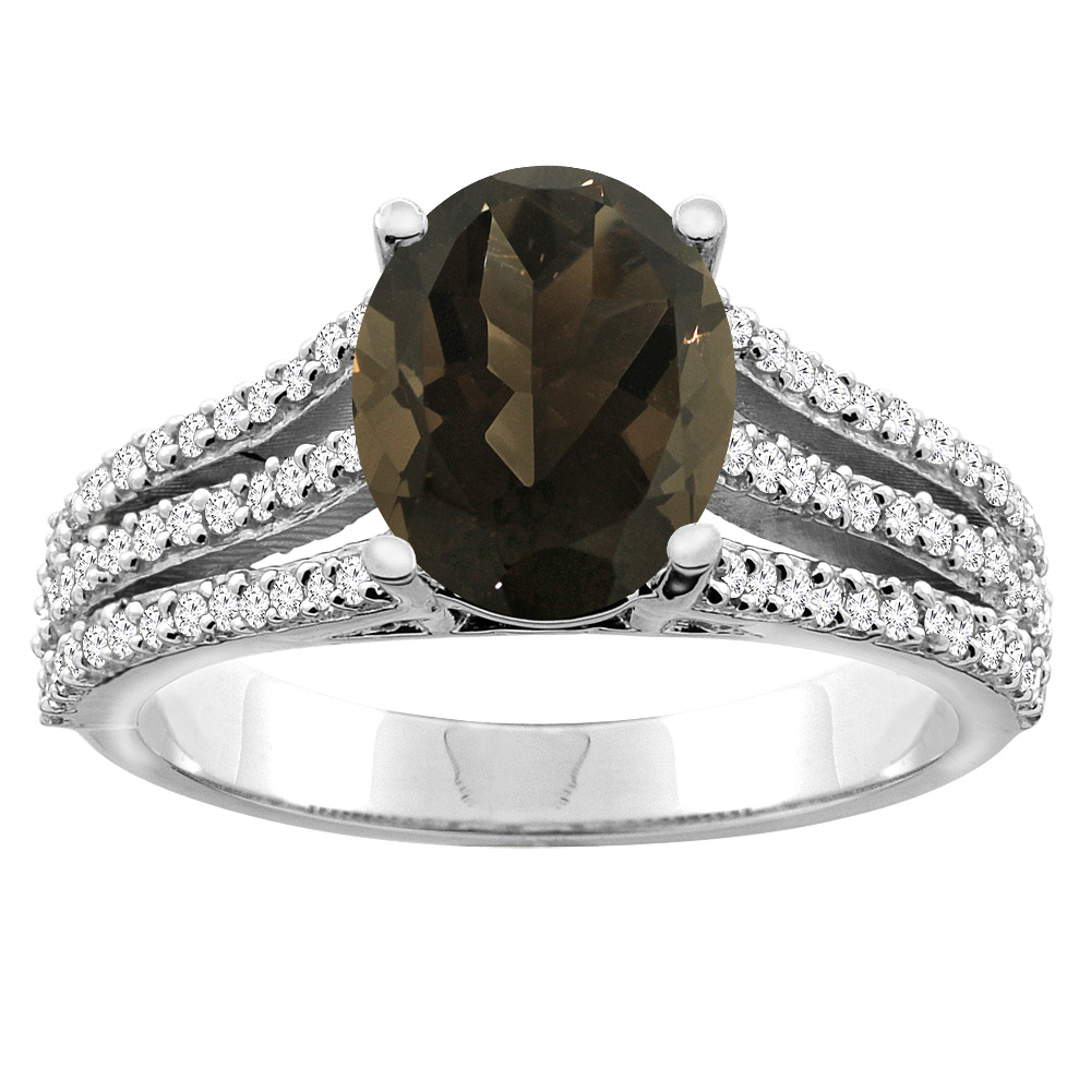 14K White/Yellow Gold Natural Smoky Topaz Tri-split Ring Cushion-cut 8x6mm Diamond Accents 5/16 inch wide, sizes 5 - 10