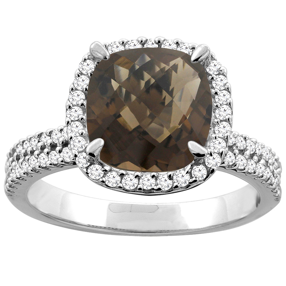 10K Yellow Gold Natural Smoky Topaz Halo Ring Cushion 9x9mm Diamond Accent, sizes 5 - 10