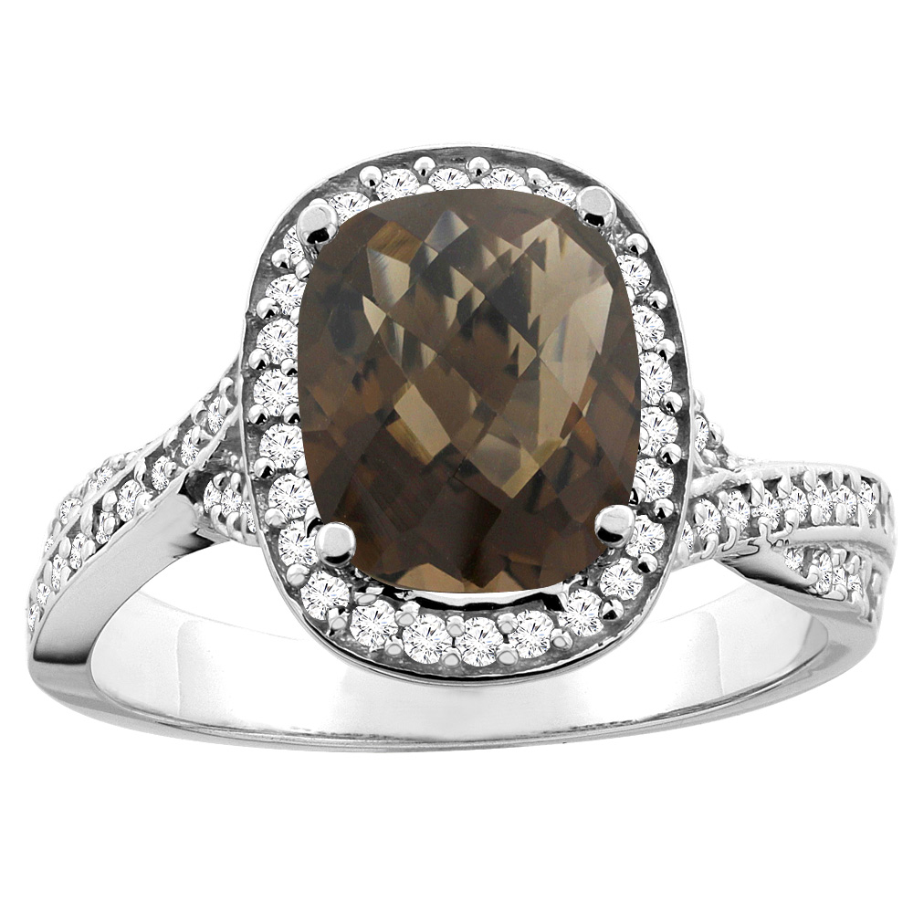 14K Yellow Gold Natural Smoky Topaz Halo Ring Cushion 9x7mm Diamond Accent 1/2 inch wide, sizes 5 - 10