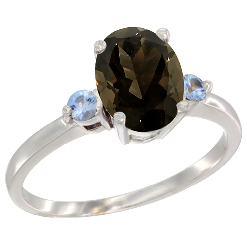 14K White Gold Natural Smoky Topaz Ring Oval 9x7 mm Light Blue Sapphire Accent, sizes 5 to 10
