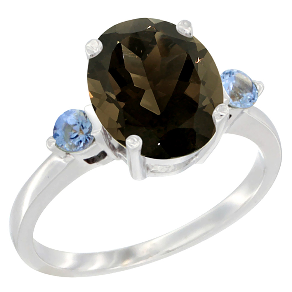 10K White Gold 10x8mm Oval Natural Smoky Topaz Ring for Women Light Blue Sapphire Side-stones sizes 5 - 10