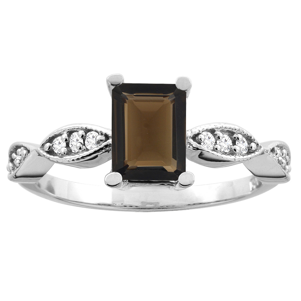 14K White/Yellow Gold Natural Smoky Topaz Ring Octagon 7x5mm Diamond Accents, sizes 5 -10