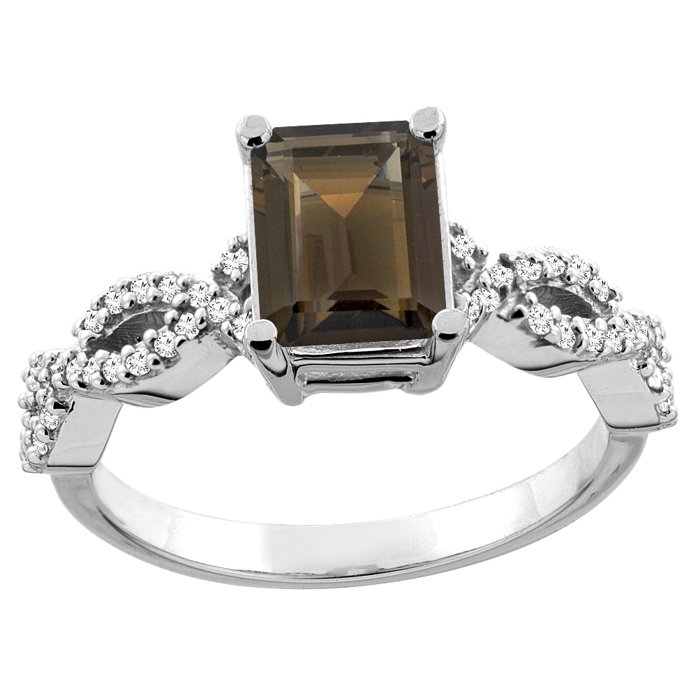 10K White/Yellow Gold/Yellow Gold Natural Smoky Topaz Ring Octagon 8x6mm Diamond Accent, sizes 5 - 10
