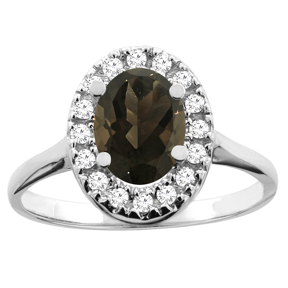 14K White/Yellow Gold Natural Smoky Topaz Ring Oval 8x6mm Diamond Accent, sizes 5 - 10