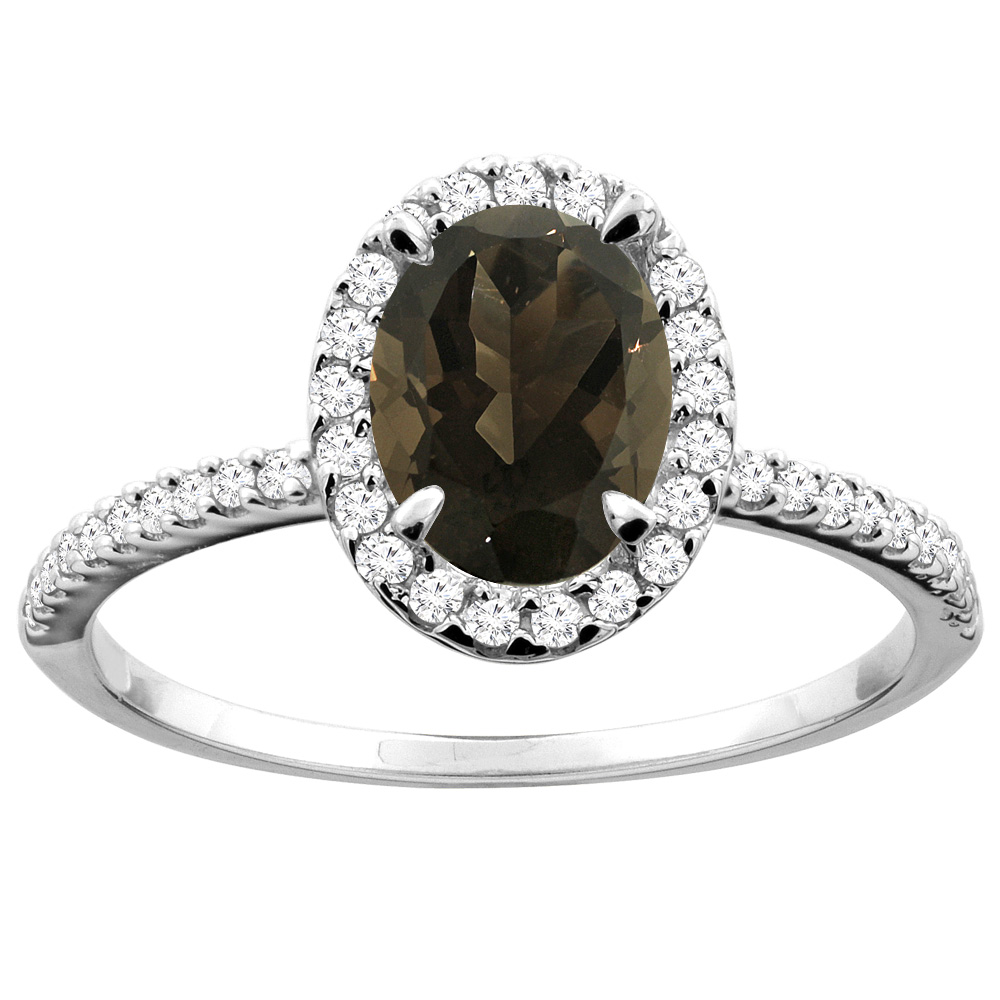 14K White/Yellow Gold Natural Smoky Topaz Ring Oval 8x6mm Diamond Accent, sizes 5 - 10