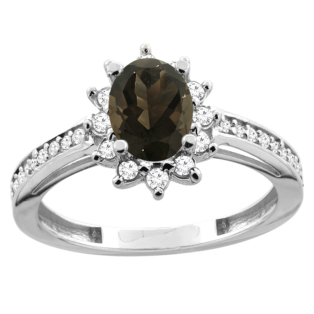 10K White/Yellow Gold Diamond Natural Smoky Topaz Floral Halo Engagement Ring Oval 7x5mm, sizes 5 - 10