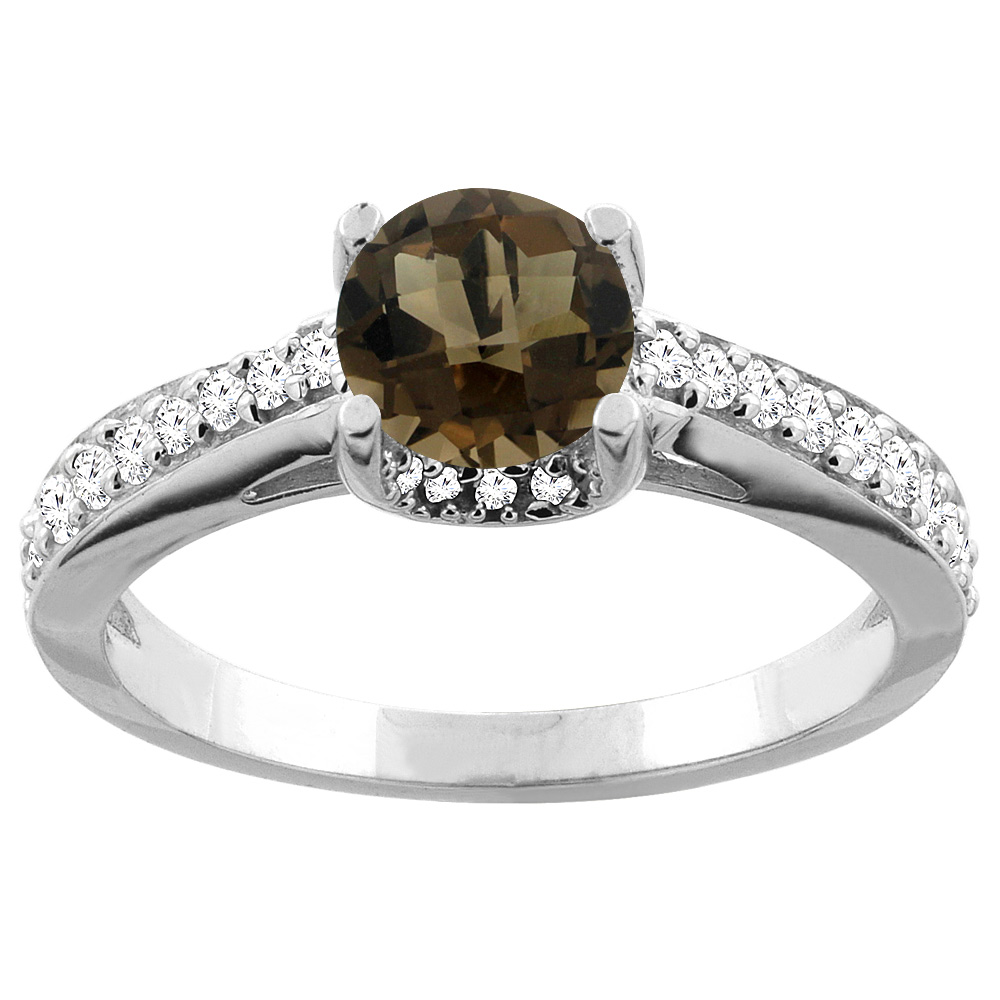 14K Yellow Gold Natural Smoky Topaz Ring Round 6mm Diamond Accents 1/4 inch wide, sizes 5 - 10