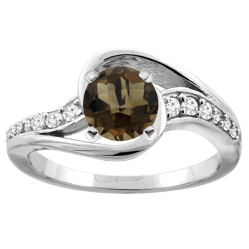 10K White/Yellow Gold Natural Smoky Topaz Bypass Ring Round 6mm Diamond Accent, sizes 5 - 10