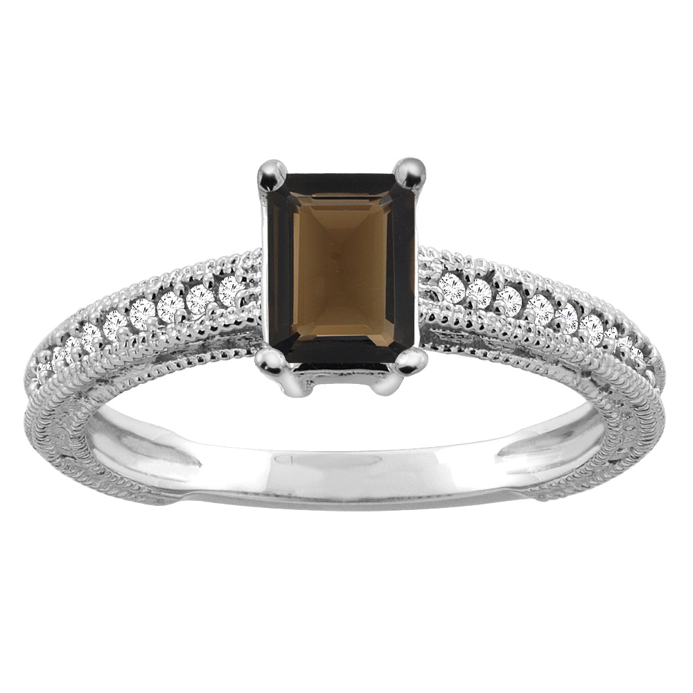 10K Gold Natural Smoky Topaz Engagement Ring Octagon 8x6mm Diamond Accents, sizes 5 - 10