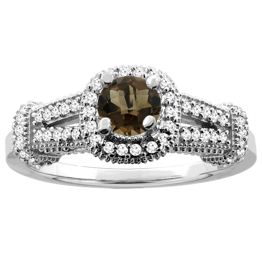 14K Yellow Gold Natural Smoky Topaz Engagement Halo Ring Round 5mm Diamond Accents, sizes 5 - 10