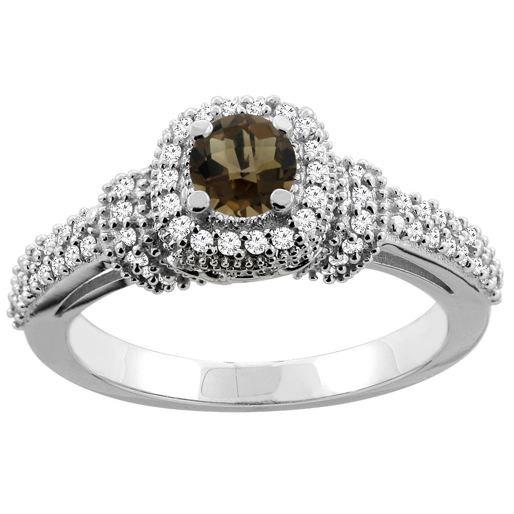 14K Gold Natural Smoky Topaz Engagement Halo Ring Round 5mm Diamond Accents, sizes 5 - 10