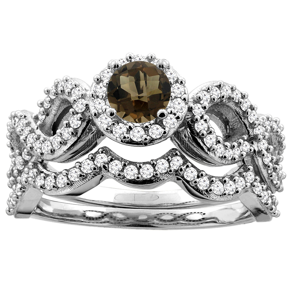 10K Yellow Gold Natural Smoky Topaz Engagement Halo Ring Round 5mm Diamond 2-piece Accents, sizes 5 - 10