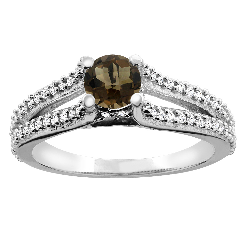 10K Yellow Gold Natural Smoky Topaz Engagement Split Shank Ring Round 5mm Diamond Accents, sizes 5 - 10
