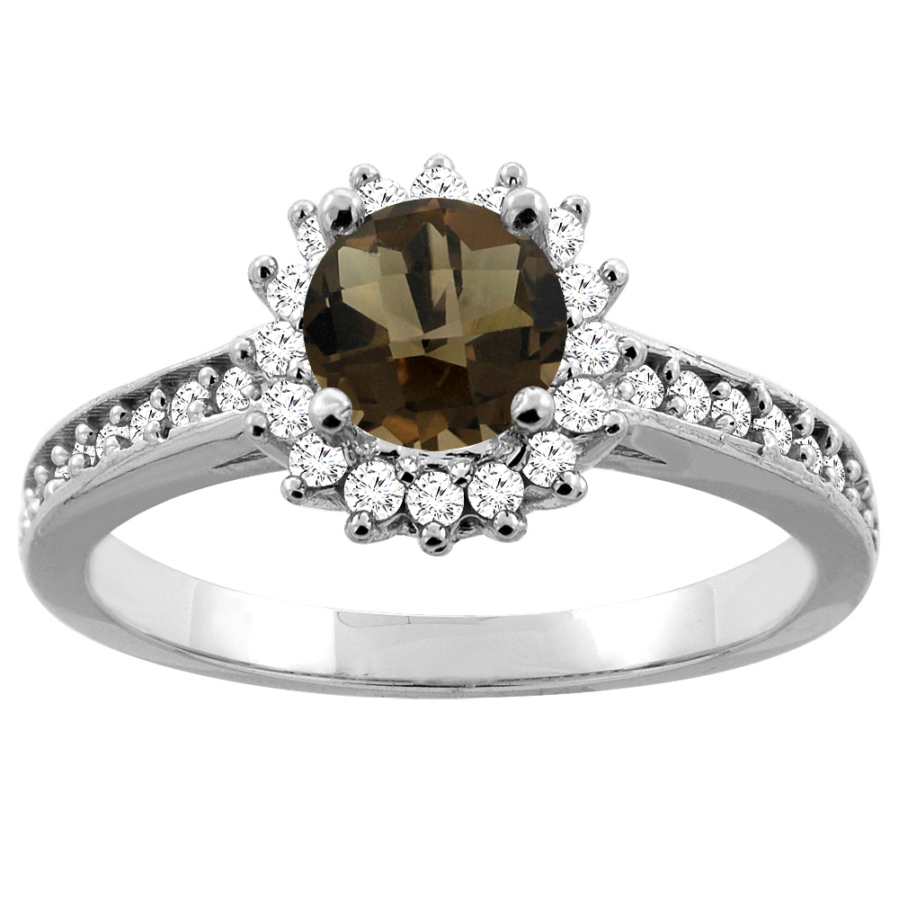 14K Gold Natural Smoky Topaz Floral Halo Diamond Engagement Ring Round 6mm, sizes 5 - 10