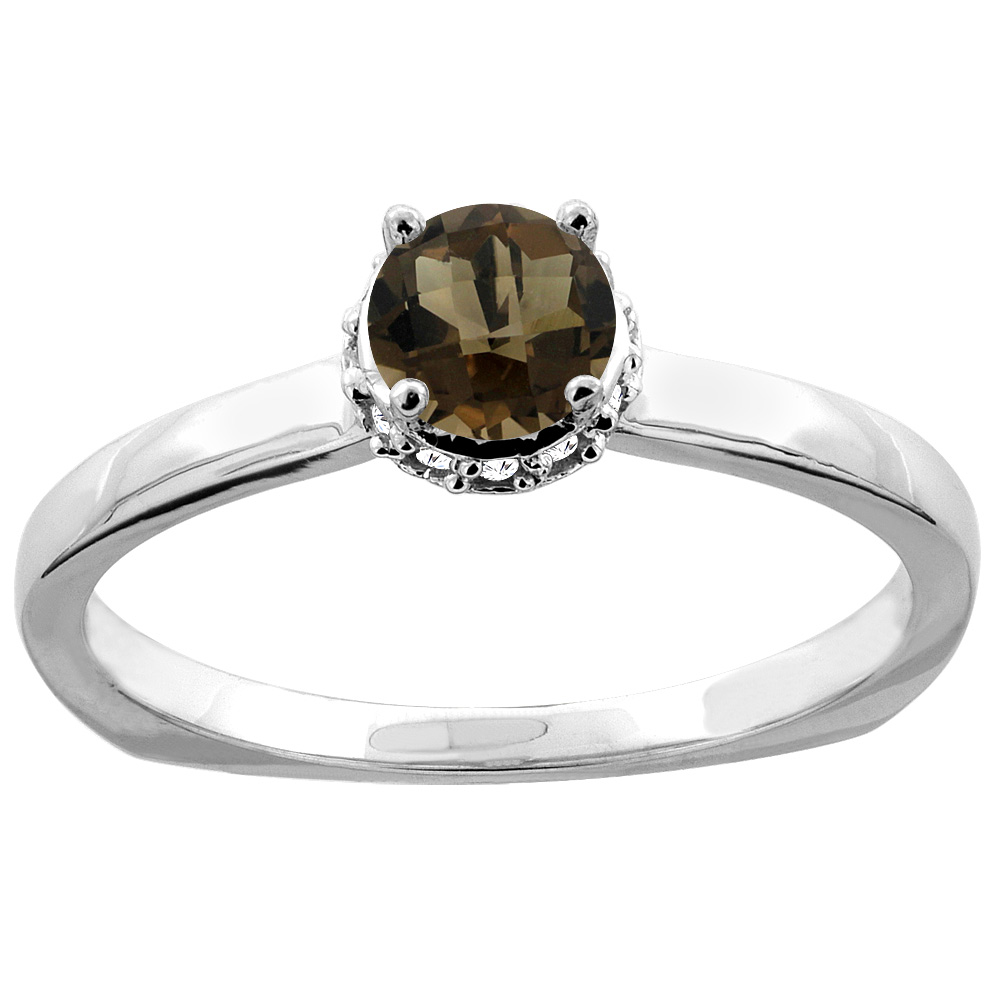 10K Gold Natural Smoky Topaz Solitaire Engagement Ring Round 4mm Diamond Accents, sizes 5 - 10